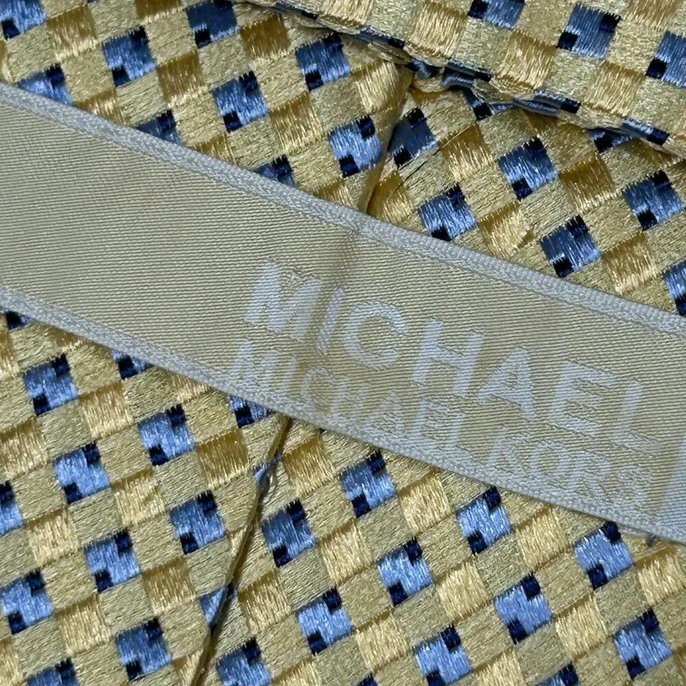 Michael Kors Tie Mens Yellow Blue Geometric Patterned Silk Necktie 100% Silk